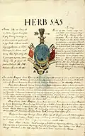 Sas coat of arms 1797 document of the Berlicz-Strutynskių (Strutyński) h. Sas family of Utena, Grand Duchy of Lithuania (document held at the Lithuanian State Historical Archives).