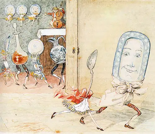 "The dish ran away with the spoon" – this image shows movement characteristic of Caldecott's illustrations
