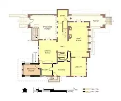 Hills House First Floor Plan in 1975/76. Alterations since 1906 are marked in orange with bold walls.