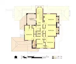 Hills House Second Floor Plan in 1975/76. Alterations since 1906 are marked in orange with bold walls.