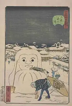 Dog stealing a workman's meal from a snow Daruma, Hirokage, c. 1855–56