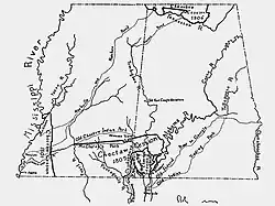 Historian's hand-drawn map showing rivers, Indian trails, forts, and modest land cessions in the far corners