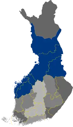 Historical province of Ostrobothnia in blue (including the historical Västerbotten) and modern regions of Finland in yellow
