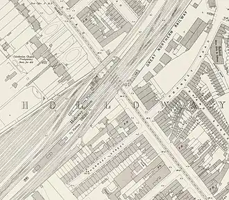 A map of a station from above. The station comprises six parallel tracks with an island platform in the middle, and a massive goods depot to the left. The word "HOLLOWAY" is written across the map, and the line is labelled as the Great Northern Railway