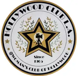 Gold, black, and gray circular logo. Within a five-pointed star is an antique movie camera. Reads "Hollywood Club L.A. @ Woman's Club of Hollywood Since 1905"