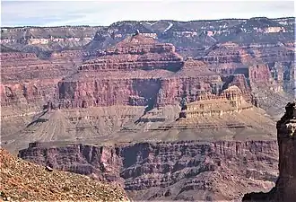Holy Grail Temple centered with Dox Castle below to right, from southwest