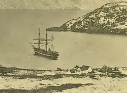 The Erik moored at the Hudson Bay Trading Post in Nachvak Fjord, Labrador, 1896.