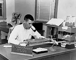 Airman Second Class Hunter S. Thompson at his desk in 1957 as sports editor of the Command Courier, a military publication serving the Eglin Air Force Base in the Florida Panhandle