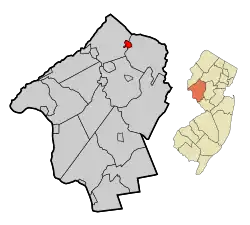 Location of Califon in Hunterdon County highlighted in red (left). Inset map: Location of Hunterdon County in New Jersey highlighted in orange (right).