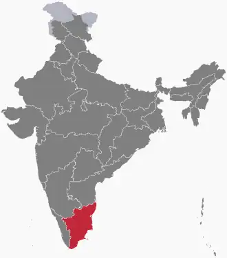 The map of India showing Tamil Nadu