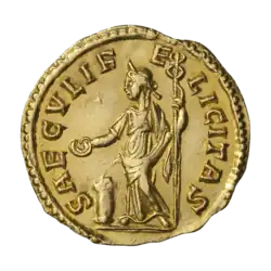 A golden coin bearing the inscription of a standing Felicitas, facing left