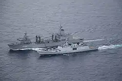 INS Shivalik undergoing replenishment from Stalwart during a Malabar exercise.