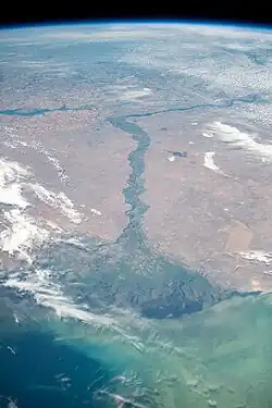 Large river ending in triangular delta into sea, seen from above the atmosphere