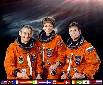 Landed Expedition 5 crew L-R: Valery G. Korzun, Peggy Whitson, and Sergey Y. Treshchev