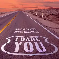 The image depicts a road under an orange sunset. On the road is written Rascal Flatts, Jonas Brothers and I Dare You, simulating a traffic sign