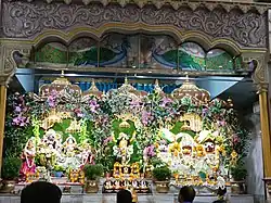 Idols of Sri Sri Radha Madhava, Jagannath, Balarama, Subhadra and Chaitanya Mahaprabhu at the Temple of the Vedic Planetarium (ISKCON Mayapur).
