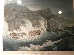 Painting of the ship being swept into the rocks