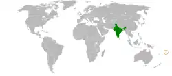 Map indicating locations of India and Fiji