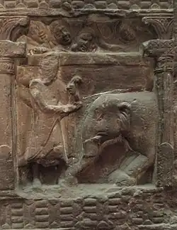 Nalagiri subdued, rear of a pillar with the Bhuteswar Yakshis, 2nd century