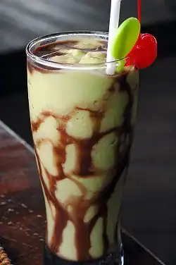 Indonesian-style milkshake with chocolate syrup