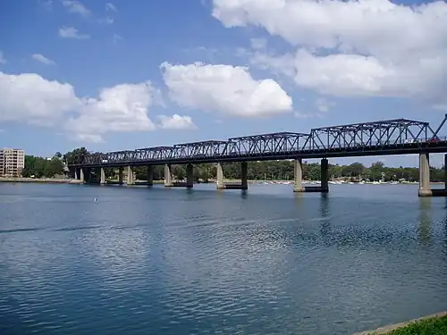 A full view of Iron Cove Bridge, which crosses the Iron Cove Bay on the Parramatta River