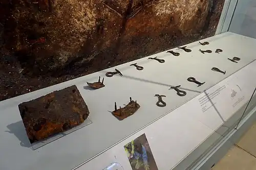 The 600s (7th-century) Anglo-Saxon Trumpington bed burial held a 60cm by 155cm bed with pieces of looped wrought iron, which may have held the bed base.[1][2] The beds are thought by the excavators to have been the ones used in life, not purpose-made grave goods.[3]