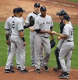 Image 20Pitchers are generally substituted during mound visits (team gatherings at the pitcher's mound). (from Baseball rules)