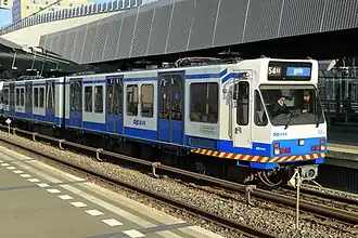 A blue S1 train at Amsterdam Bijlmer ArenA