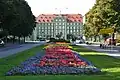 Flower beds with the City Hall of Szczecin in the background