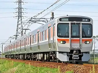 An image of a 313-1300 series electric multiple unit on the Taketoyo Line.