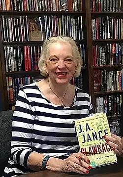 Jance with her book Clawback, February 2021