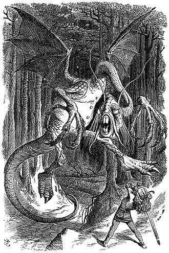 John Tenniel's illustration of the Jabberwock for Lewis Carroll's Through the Looking-Glass, showing the dragon as a myopic professor[10]