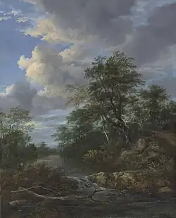 Jacob van Ruisdael's A wooded river landscape with a family at rest on a track, now in a private collection