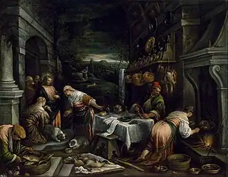 Jacopo Bassano, Christ in the House of Mary, Martha, and Lazarus (c. 1577), 98.4 × 126.4&nbsp;cm