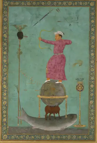 It is probable that this painting draws from Jahangir Shooting the Head of Malik Ambar (pictured), painted by the same artist.[2]
