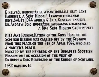 Plaque at the Scottish Mission, Budapest