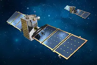 Two identical spacecraft with solar panels and cameras facing right