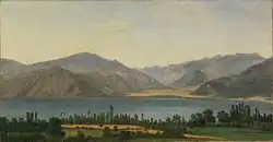 Painting of a large lake with mountains in the background