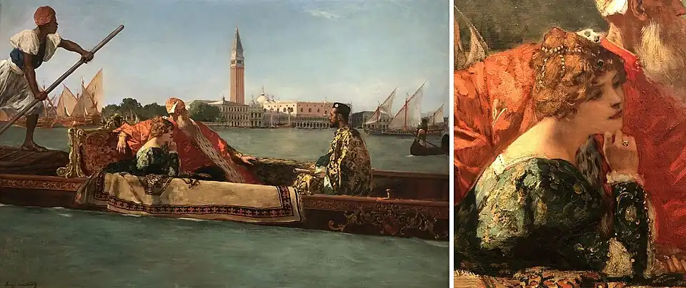 Doge of Venice by Jean-Joseph Benjamin-Constant, c. 1889, with detail showing the female figure modeled on the painting's original owner, Blanche Butterworth Haggin.