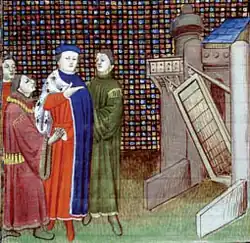 Illumination of a manuscript depicting Duke Jean IV of Brittany and his advisors in front of a town entrance