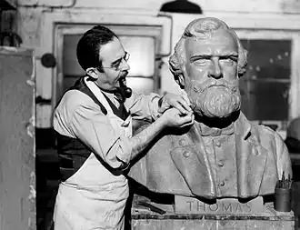 Jeno Juszko with his bronze sculpture of General George Henry Thomas, one of five busts of Civil War generals commissioned for the crypt of Grant's Tomb as part of the WPA restoration (1939)