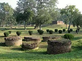 Scene in Jetavana, showing some small stupas.