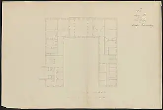 First floor plan (facing south) - In the middle of the main wing is the Hall of Mirrors (Spiegelsaal)