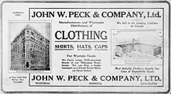 Advertisement of John W. Peck & Co. with two images of Peck buildings: the Winnipeg warehouse and the Montreal factory