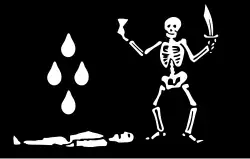 Another of Levasseur's pirate flags, described as a “black flag with a skeleton holding an hourglass and a sword, teardrops, and a man lying down”.[39]