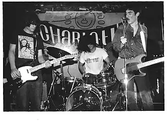The Blues Explosion performing in 1993. Left to right: Judah Bauer, Russell Simins, Jon Spencer