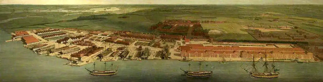 Chatham Dockyard: from right to left (south to north) on river bank are: two Anchor Wharf Storehouses (Rope House behind); two shipbuilding slips (and Commissioner's House with garden, and beyond, Sail and Colour Loft); two dry docks (Clock Tower Storehouse behind); the old Smithery; two more dry docks (and beyond, Masthouses and Mouldloft); more building slips and Boat Houses. In the distance, ships at anchor on Gillingham Reach. Painting by Joseph Farington, 1785.[13]