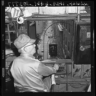 Joseph M. Cooper operating an Angels Flight car, 1960.