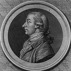 Black and white print of a man wearing an 18th-century wig, dark coat and frilled white shirt.