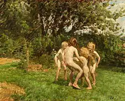 Painting from 1903 showing boys naked, with a girl fully dressed at the seashore